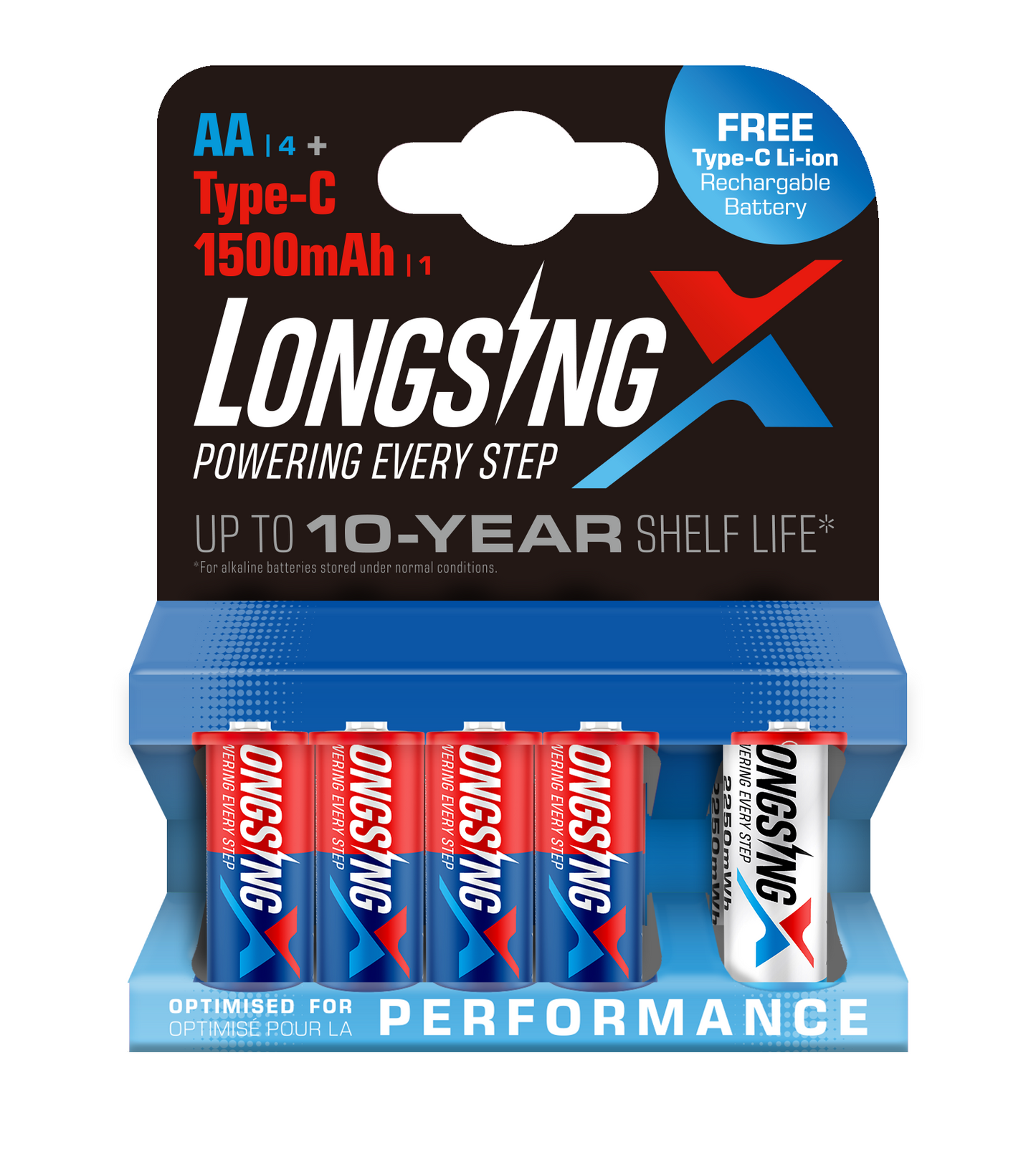 LONGSINGX 1.5V AA 4 Alkaline Battery + Free 1 Type-C Rechargeable Battery (4+1/Pack)