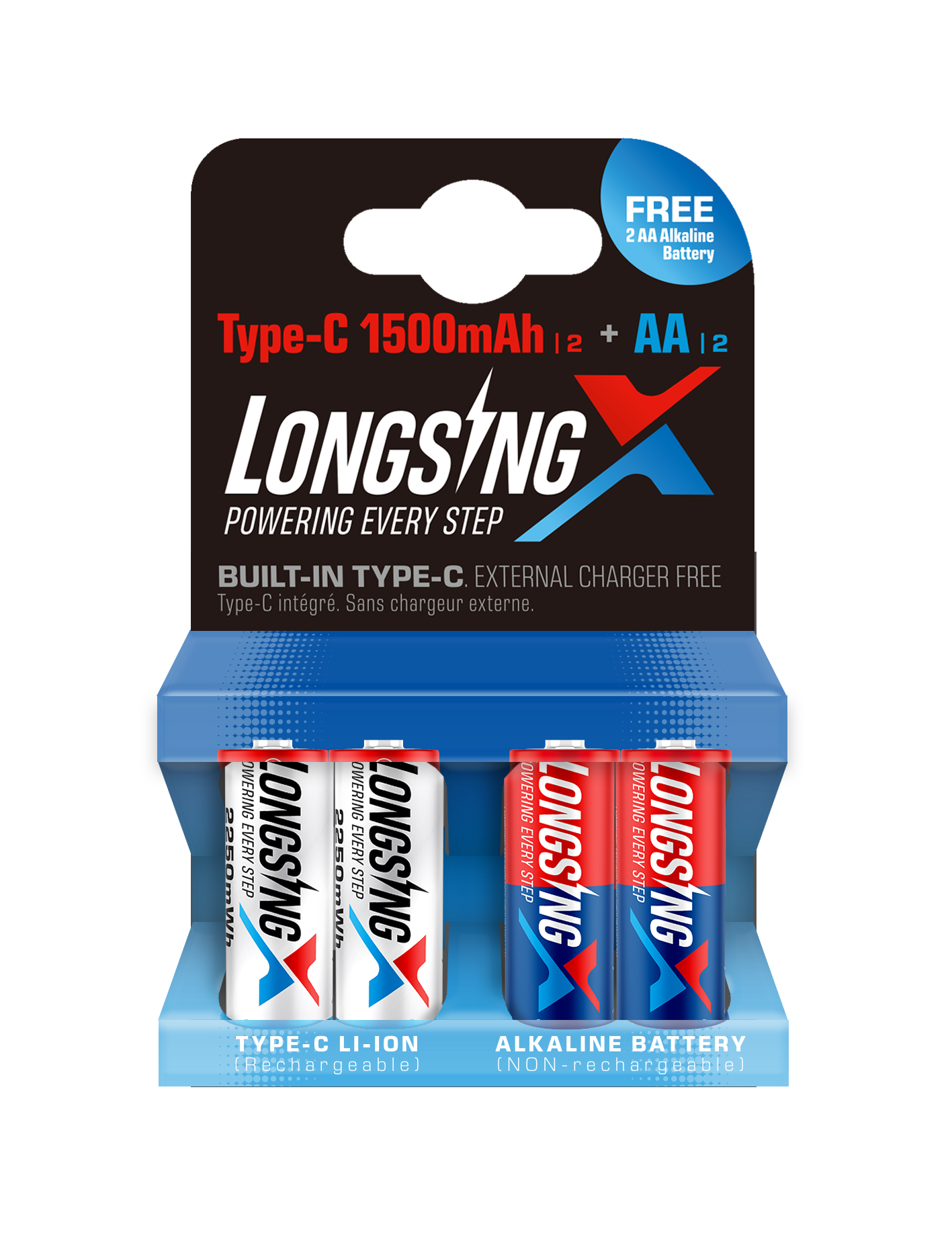 LONGSINGX 1.5V AA 2 Type-C Rechargeable Battery + Free 2 Alkaline Battery (2+2/Pack)